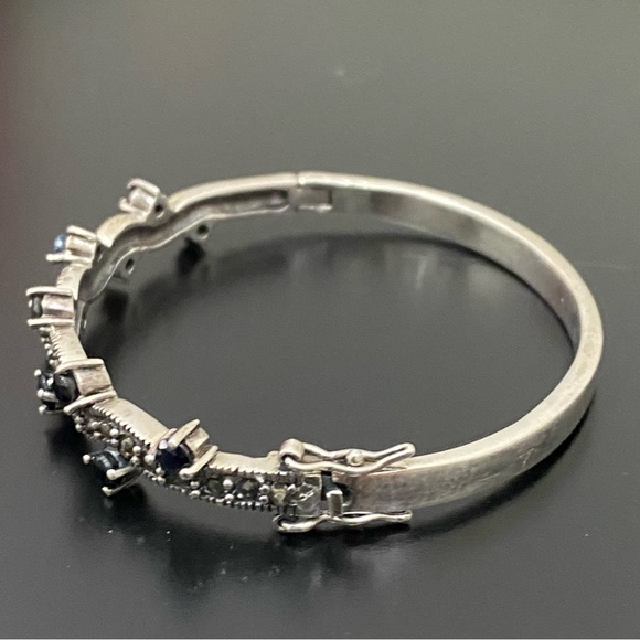 Vintage 925 Sterling Silver Black CZ Onyx Marcasite Bangle Hinged Bracelet 23g. - Picture 6 of 16